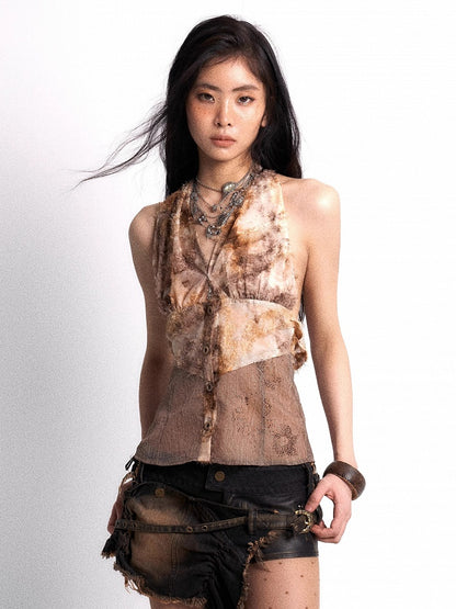 Punk Hem Fleece Button Patchwork with Top Detail Khaki Rhinestone Halter