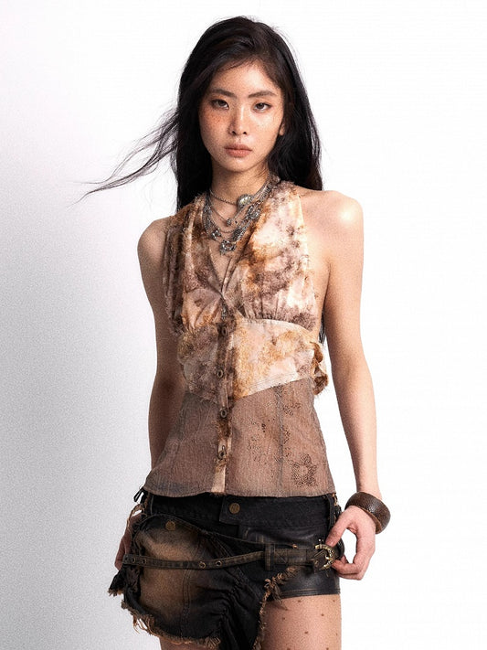 Punk Hem Fleece Button Patchwork with Top Detail Khaki Rhinestone Halter