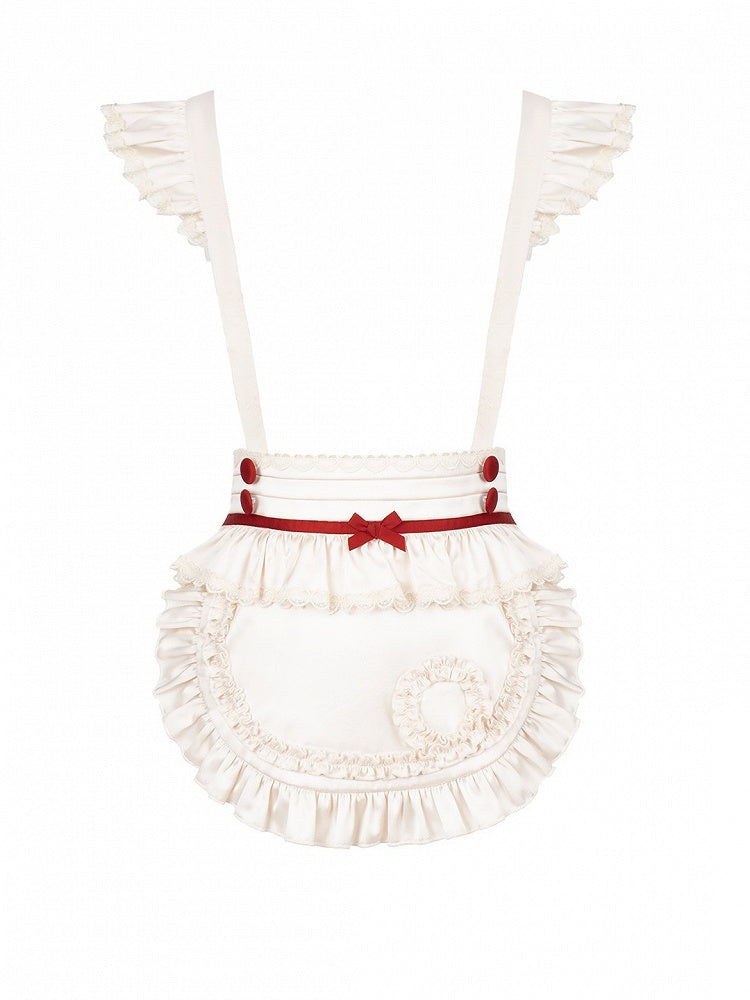 Ruffled Flutter-Sleeve Apron in Beige & Red Hues - With PUJI