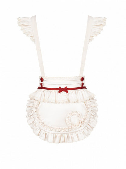 Ruffled Flutter-Sleeve Apron in Beige & Red Hues - With PUJI