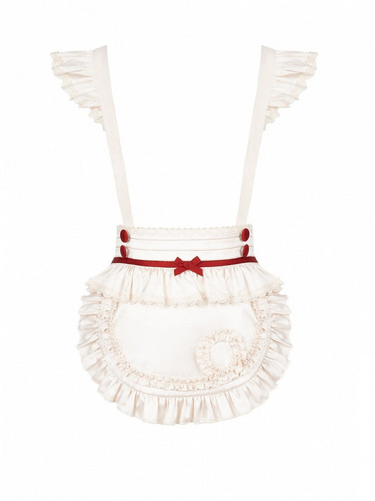 Ruffled Flutter-Sleeve Apron in Beige & Red Hues - With PUJI