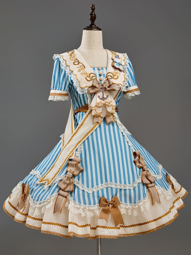 Sailor Bear Theme Striped Dress with Bow Embroidery - Twin Bear Original Design