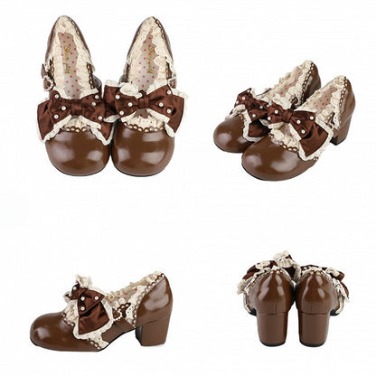 Brown Beaded Lolita Leather in Bow Trim Mid-heel Janes Heart Lace with Beads Mary Buckle Decorated PU