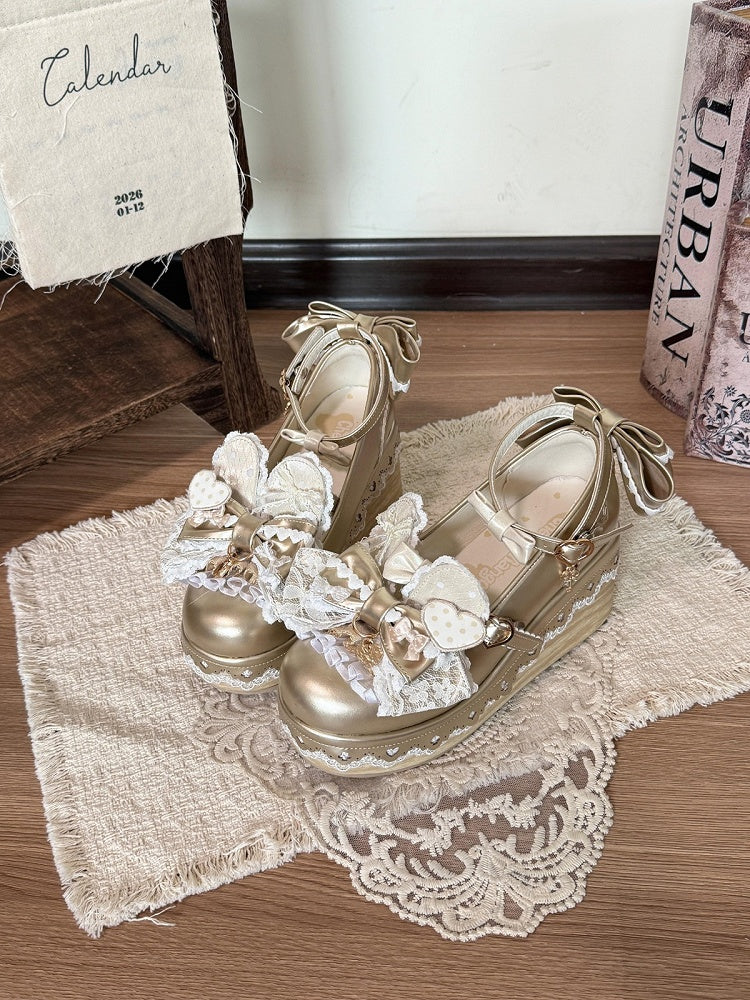 Gold Lolita Round Toe Platform Shoes with Bow, Lace and Rabbit Ear Detail - Cheese Mango
