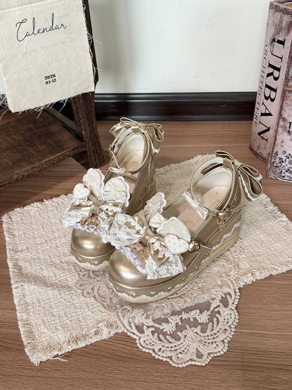 Gold Lolita Round Toe Platform Shoes with Bow, Lace and Rabbit Ear Detail - Cheese Mango