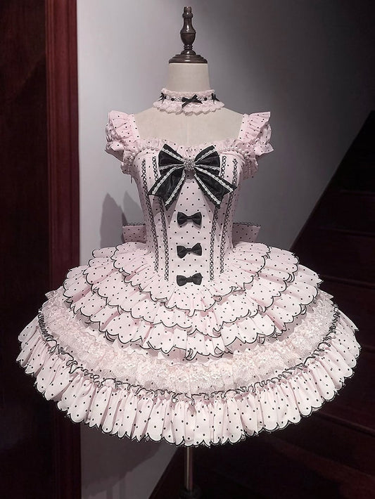 Sleeves Boned Detachable Sweet Waist Dress with Retro Polka Dots Lolita Pink Puff