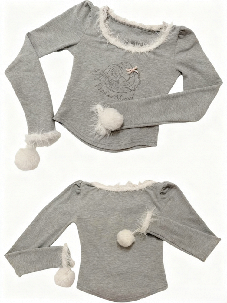Print Long Sleeve Top Ring and with Gray Fuzzy Pom-Pom Trim Angel