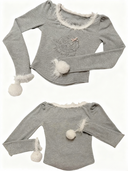 Print Long Sleeve Top Ring and with Gray Fuzzy Pom-Pom Trim Angel