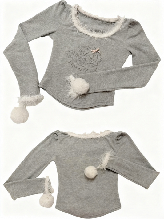 Print Long Sleeve Top Ring and with Gray Fuzzy Pom-Pom Trim Angel