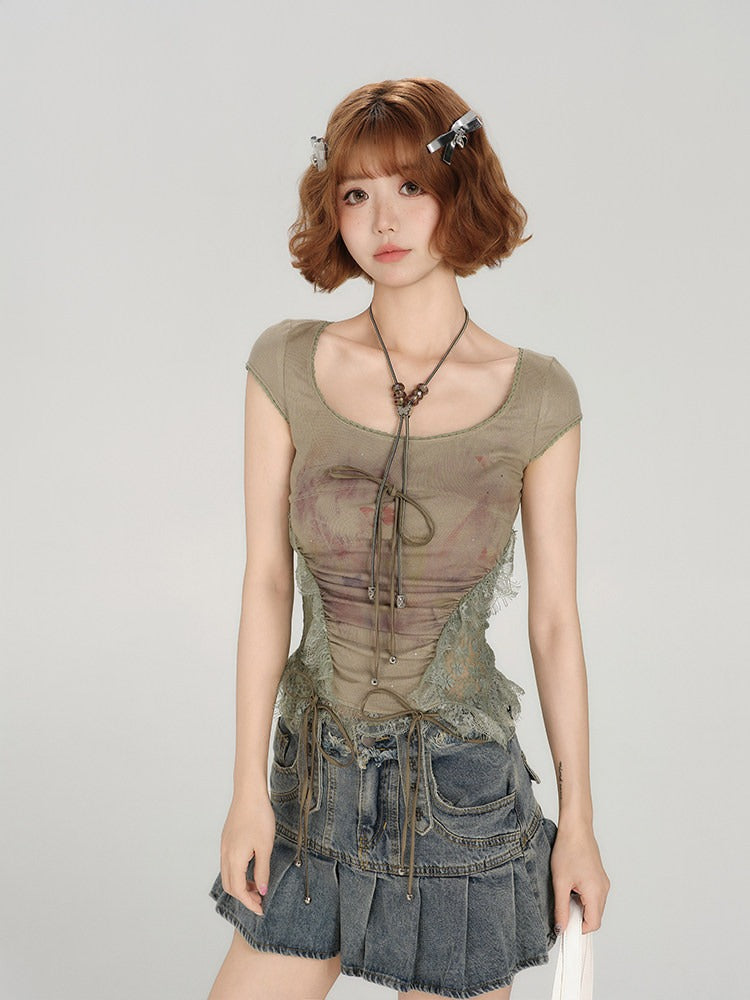 Green Lace Patchwork Short Sleeve Tee - Girlyhalo