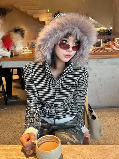 Hood White Fur Hoodie Plush Black with Striped