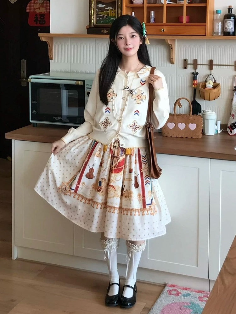 Short White Musical Print Peter Pan Collar OP Dress with Tassels - Crucis Universal Tailor Company