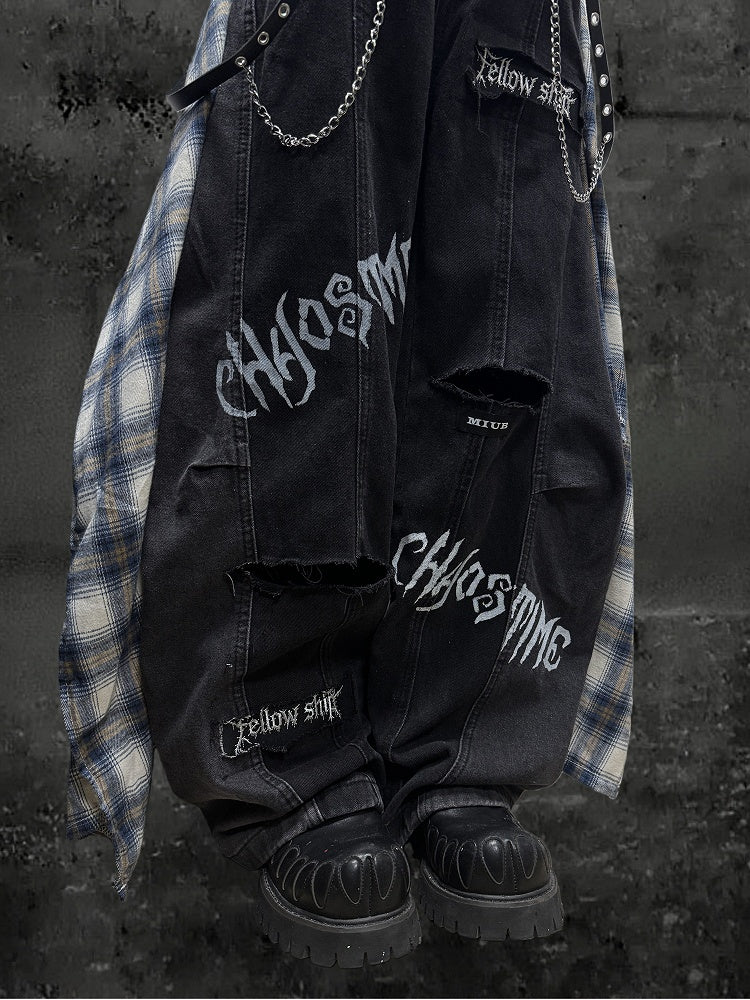 Letter Distressed Black Pattern Two-piece with Y2K Holes Jeans Wide-leg