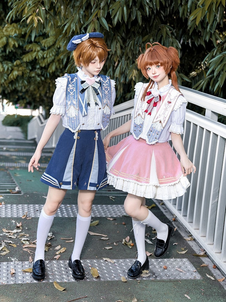 Detachable Lolita Ruffled Blue Shorts Ouji Shirt Set Warmers + Collar Dark Leg