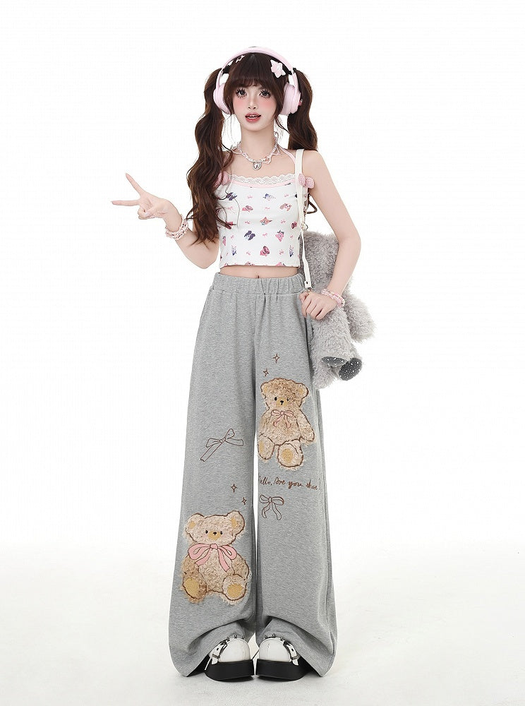 Kaffee/Graue Plüschhose mit Teddybär-Applikation und geradem Bein