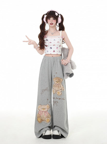 Kaffee/Graue Plüschhose mit Teddybär-Applikation und geradem Bein