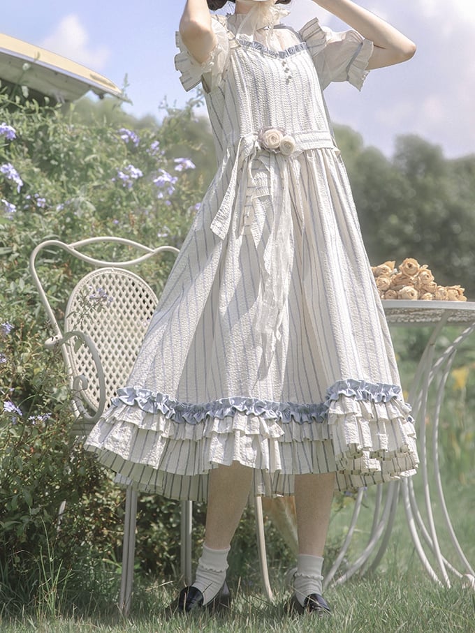 Waistbelt Flutter with Blue Striped Beige Sleeves and Dress
