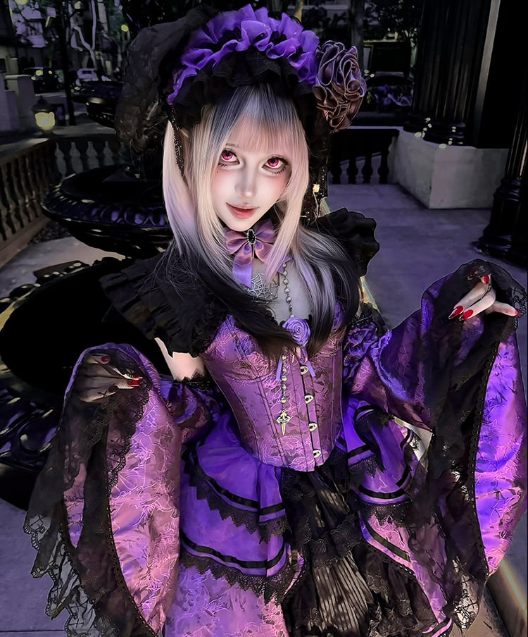 Gothic Lolita Boned Corset Top with Tiered Skirt and Collar in Purple and Black - Somnium Isle