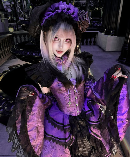 Gothic Lolita Boned Corset Top with Tiered Skirt and Collar in Purple and Black - Somnium Isle