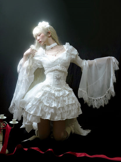 Corset Butterfly Gothic Lolita with Waist Boned Embroidery Tiered White Skirt