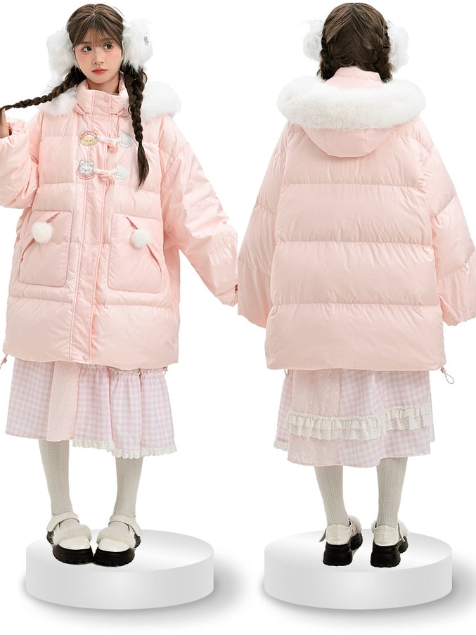 Rosa Daunenmantel mit Kapuze und Plüschbesatz mit süßem Bären und Kätzchen