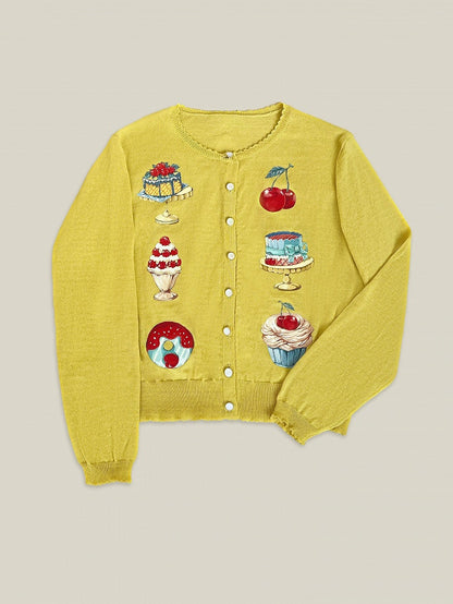 Yellow Long Sleeves Dessert Print Cardigan