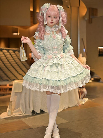 Frog Corset Chinoiserie Button Waist Layered Flower Bows Green Lolita with Dress