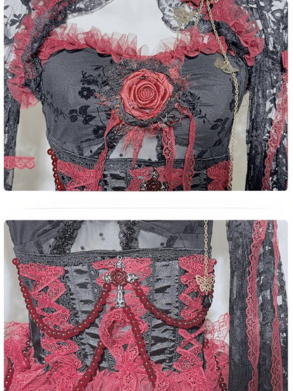 Schwarz-rotes Gothic-Set – Cami-Top + Spitzen-Bolero mit Glockenärmeln + Stufenrock mit Perlenkette und Schnürdetail