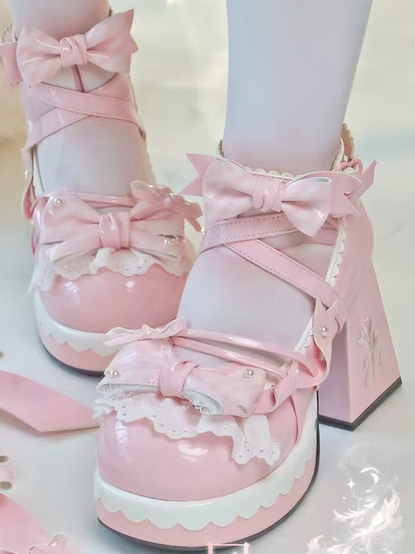 Pink Heel Mary Bow High Lolita Striped 8cm - Block Janes PU Sweet Platform