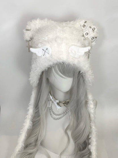 White Angel Wings Cross and Pins Cat Ear Plush Hat