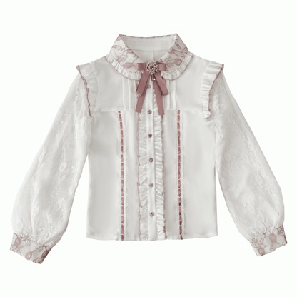 Jacquard with in Jirai Kei Flutter Sleeve Blouse Regular/Fleece-Lined Lace Version Pink White
