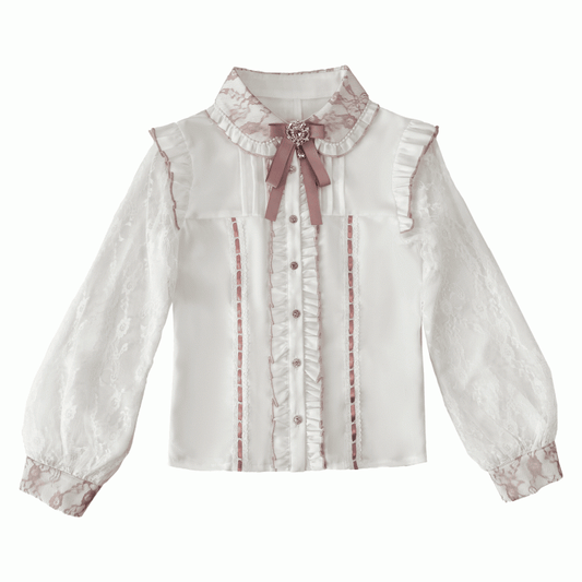Jacquard with in Jirai Kei Flutter Sleeve Blouse Regular/Fleece-Lined Lace Version Pink White