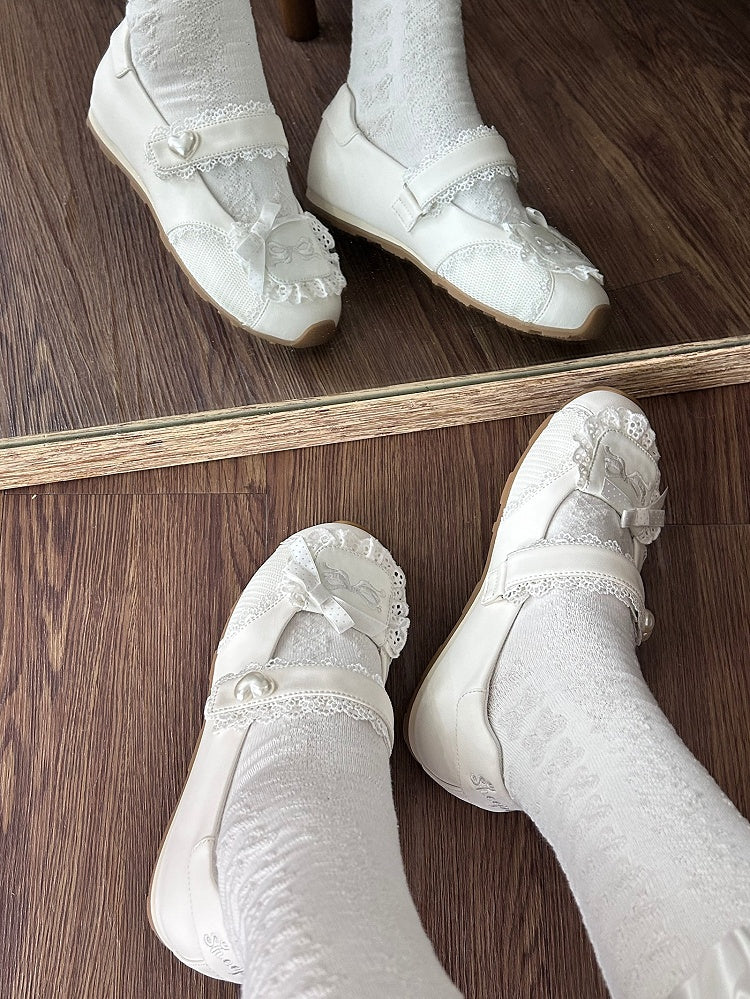 Heart-Adorned Bow Velcro Trim Sweet - Details Flat Lolita Lace Straps White Shoes