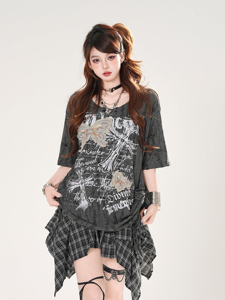 バタフライアップリケ クロスプリント ダメージ加工 穴あき