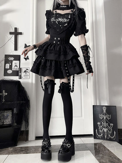 with Patch Dress Puff Skirt Tiered Sleeve Heart Black Short Gothic Ruffle