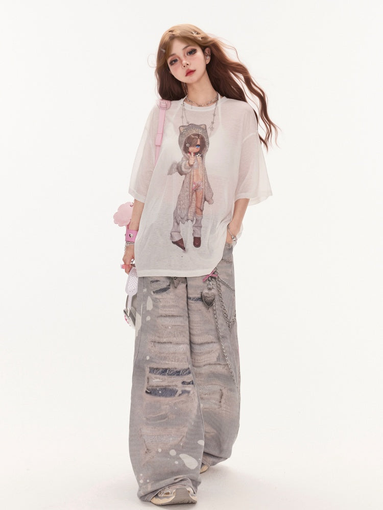 Halbtransparentes Coverup mit Cartoon-Charakter-Print, weißer Rundhalsausschnitt