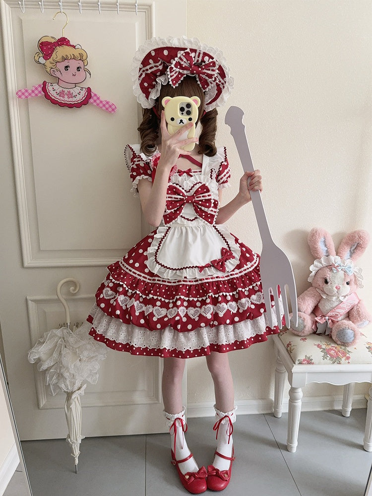 Red Dress Neckline Lolita White Short Polka Apron Sleeves Square Dots with
