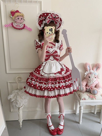 Red Dress Neckline Lolita White Short Polka Apron Sleeves Square Dots with