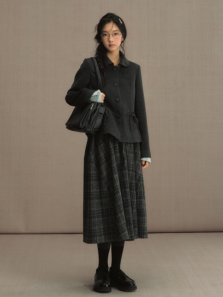 Gray Elastic Waist Tweed Plaid Tea Length Skirt