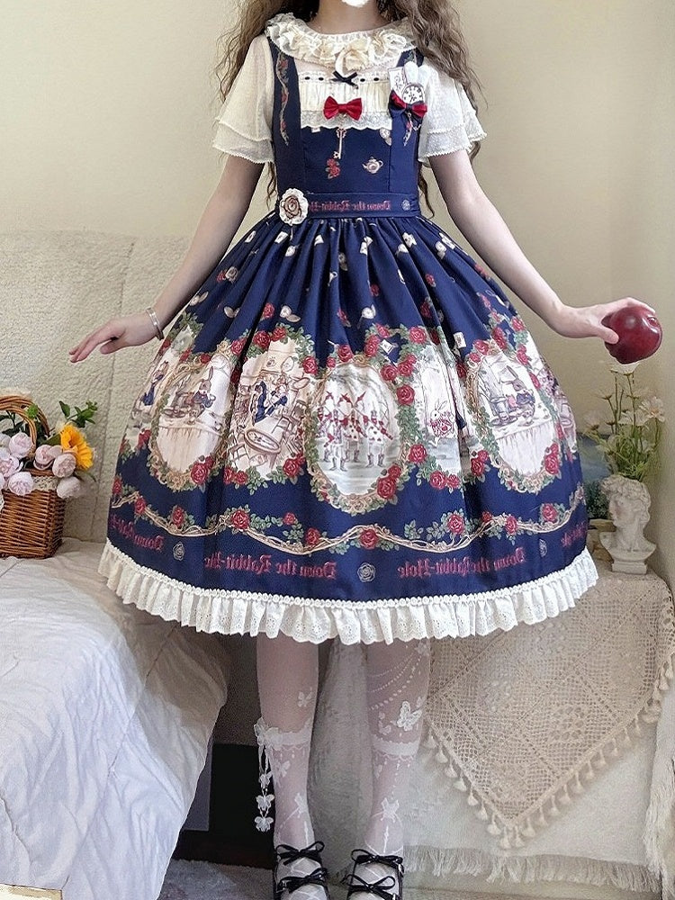 Wonderland Alice Floral Print Dark Blue Lolita JSK Lace - Stars Fall on the Foggy Island