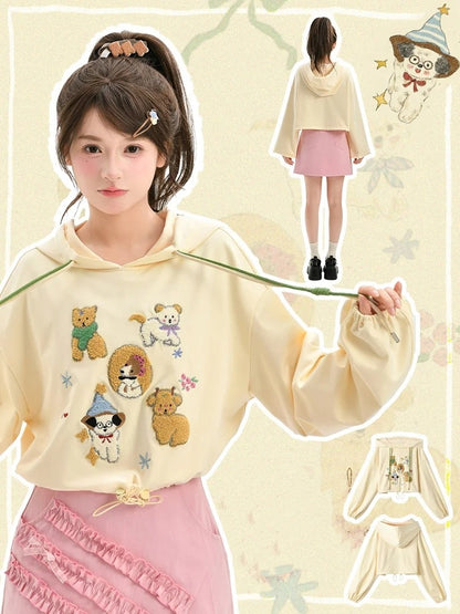 Apricot Plush Puppy Drawstring Waist Hoodie