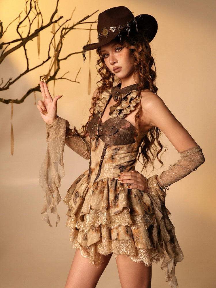 Burn-Effect Halter Dress with Tiered Ruffles and Distressed Lace - Virtual Orbit