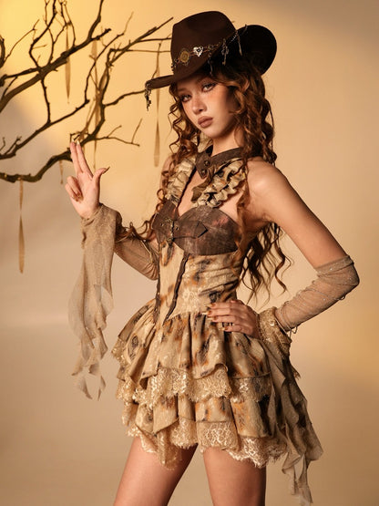 Burn-Effect Halter Dress with Tiered Ruffles and Distressed Lace - Virtual Orbit