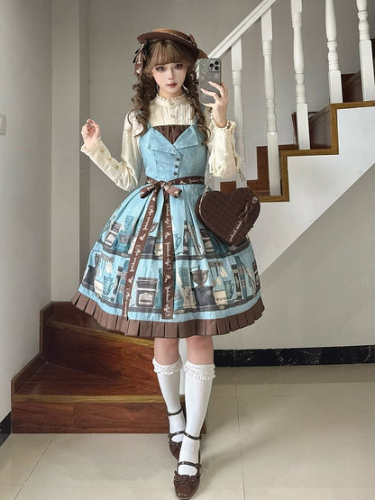Blue Brown Coffee Cup Bookshelf Print Elegant JSK Dress Ruffled Hem - Dream Whale