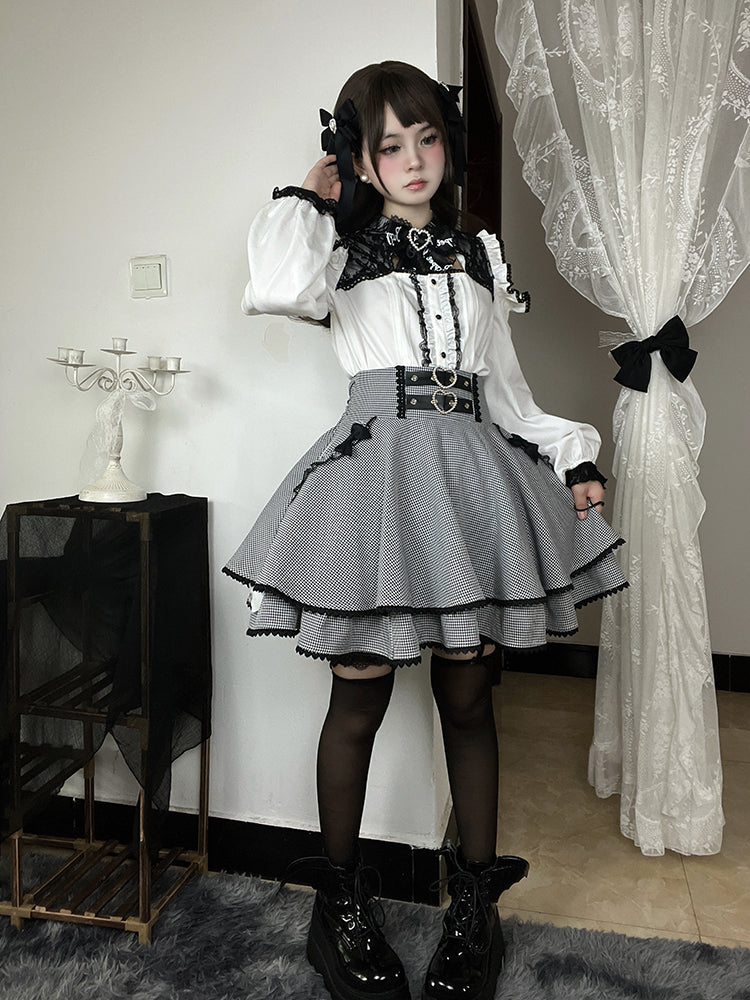 ブラック＆ホワイトの千鳥格子柄ダブルハートバックルリボンボウノットジライケイティアードスカート