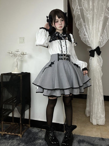 ブラック＆ホワイトの千鳥格子柄ダブルハートバックルリボンボウノットジライケイティアードスカート