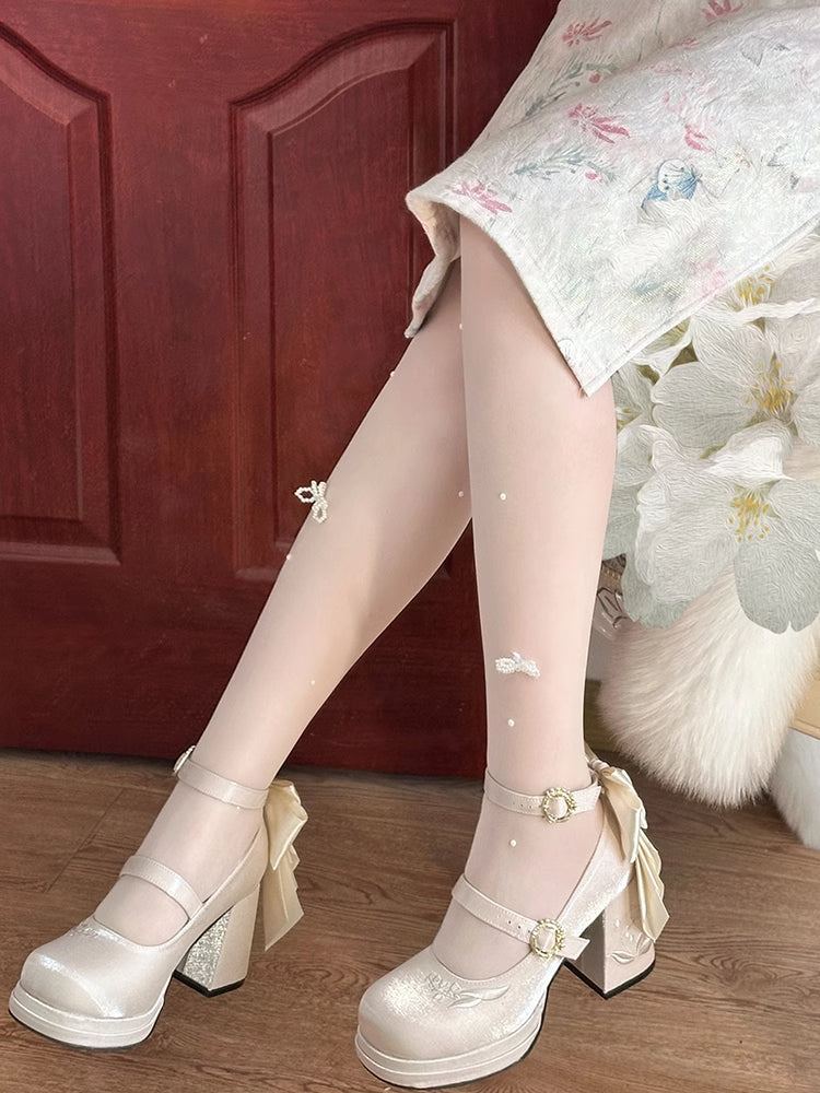 Janes Heels Stickerei Mary von Lily Abnehmbare Champagner Bowknot die Tal Mitte