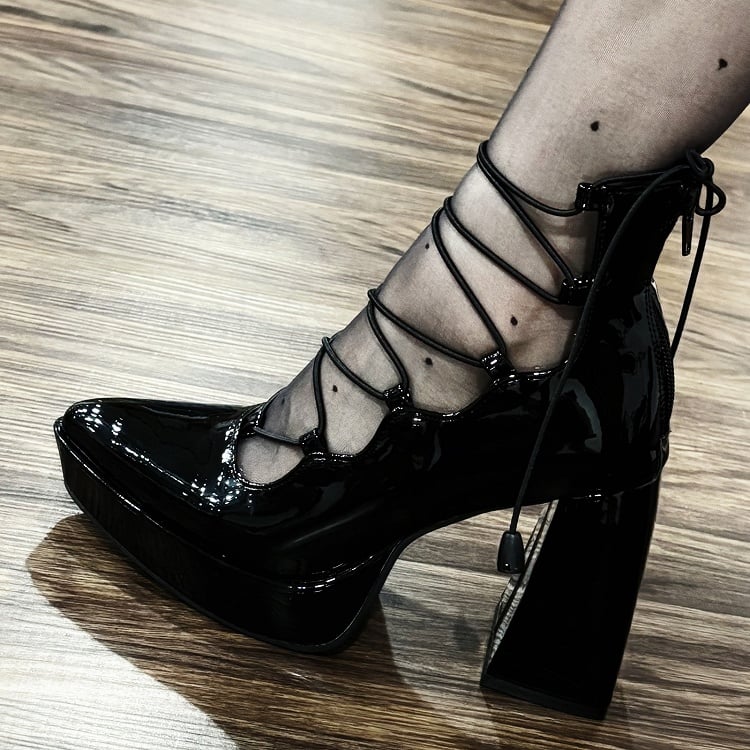 High PU Polished Black/Red Shoe Flower Janes Clips Block Heel Mary Gothic Black -