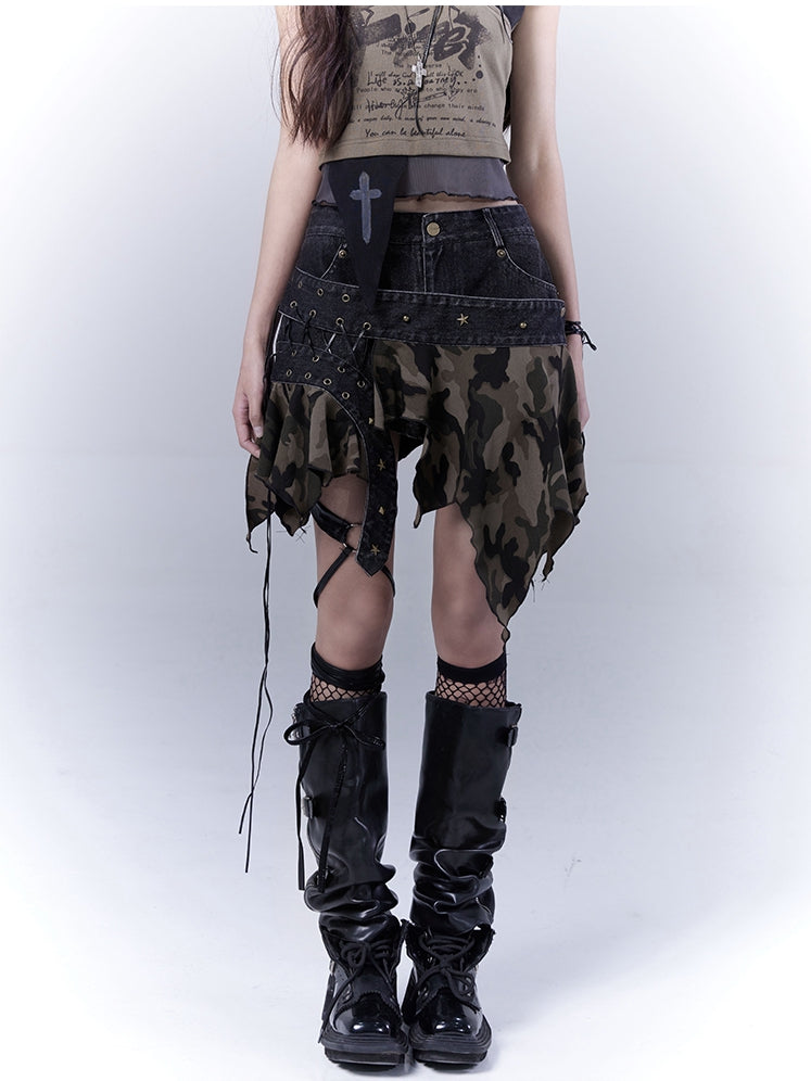 Waist Camo Handkerchief Hem Low Detail Lace-up Distressed Denim Skort