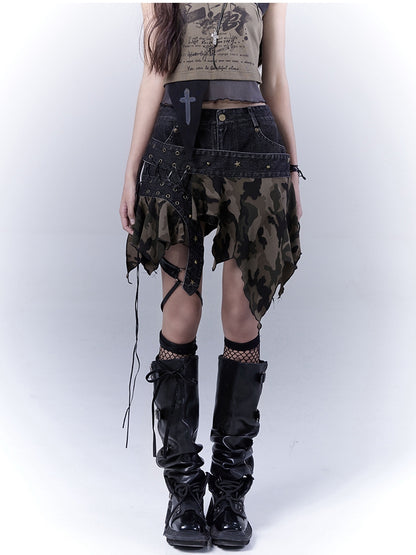 Waist Camo Handkerchief Hem Low Detail Lace-up Distressed Denim Skort